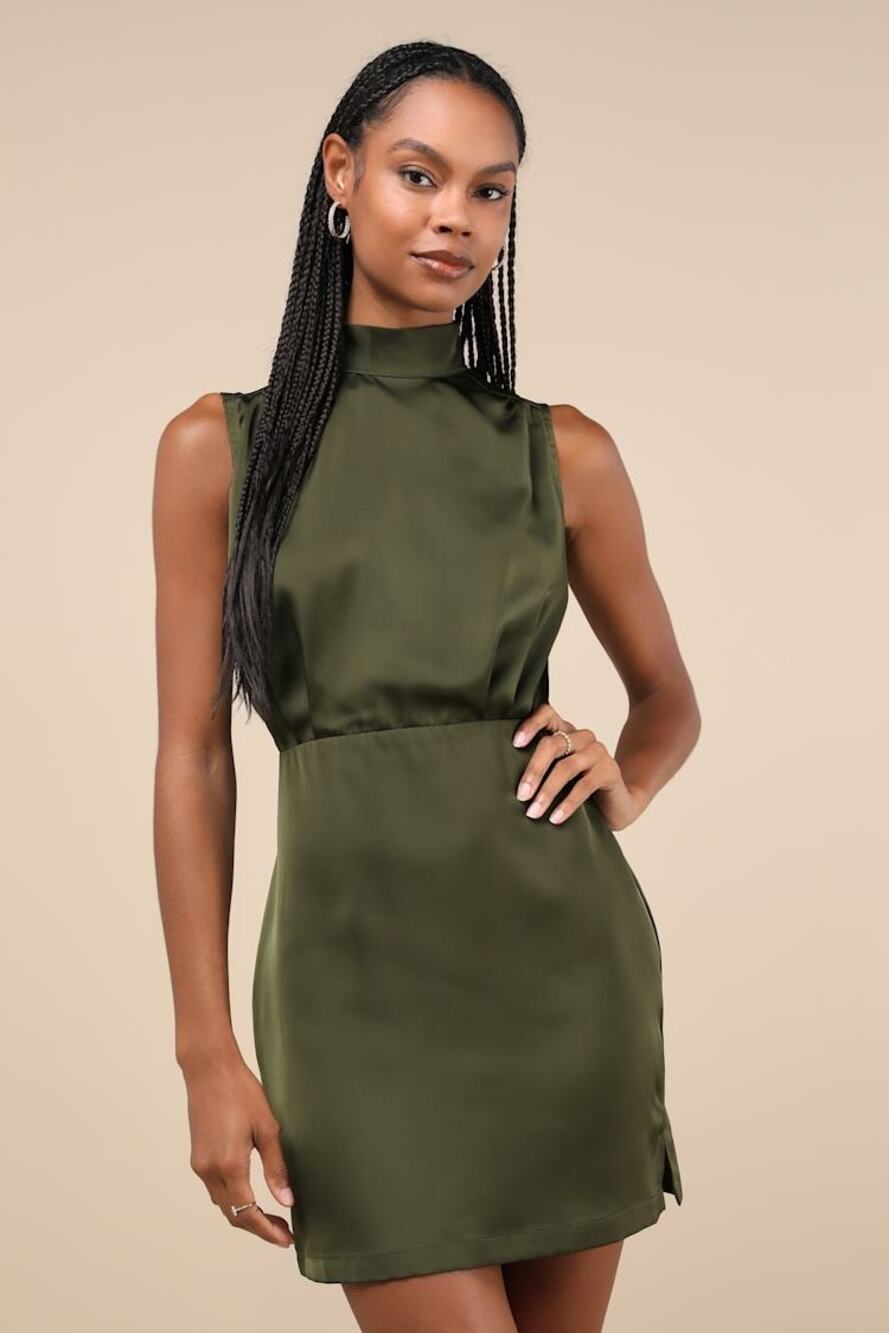NWOT Lulus Classic Elegance Olive Satin Sleeveless Mock Neck Mini Dress Party M
